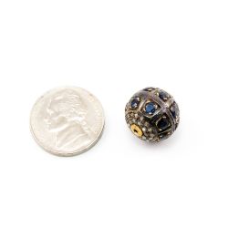 925 Sterling Silver Pave Diamond Beads with Sapphire Stone, Round Ball Shape-14.50x15.00mm, Gold And Black Rhodium Plating. Sold By 1 Pcs, F-1812