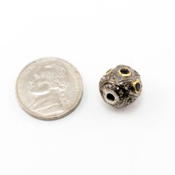 925 Sterling Silver Pave Diamond Beads with Sapphire Stone, Round Ball Shape-12.50x13.00mm, Gold And Black Rhodium Plating. Sold By 1 Pcs, F-1813