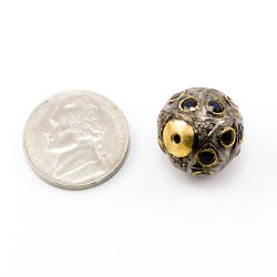 925 Sterling Silver Pave Diamond Beads with Sapphire Stone, Roundel Shape-15.50x17.00mm, Gold And Black Rhodium Plating. Sold By 1 Pcs, F-1823