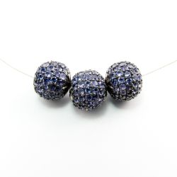 925 Sterling Silver Pave Diamond Bead with Iolite Stone, Round Ball Shape-12.00mm, Black Rhodium Plating. Sold By 1 Pcs, F-1904