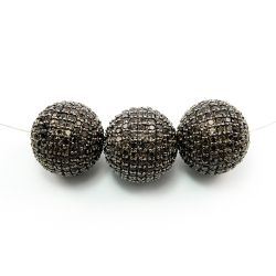 925 Sterling Silver Pave Diamond Bead with Smoky Stone, Round Ball Shape-20.00mm, Black Rhodium Plating. Sold By 1 Pcs, F-1917