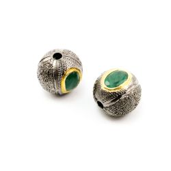 925 Sterling Silver Pave Diamond Bead with Emerald Stone, Round Ball Shape-13.50mm, Gold And Black Rhodium Plating. Sold By 1 Pcs, F-2104