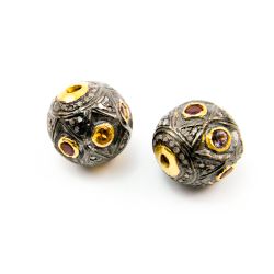 925 Sterling Silver Pave Diamond Bead with Multi Tourmaline Stone, Round Ball Shape-13.00x13.00mm, Gold And Black Rhodium Plating. Sold By 1 Pcs, F-2122