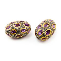 925 Sterling Silver Pave Diamond Bead with Amethyst Stone, Oval Shape-23.00x16.00mm, Gold And Black Rhodium Plating. Sold By 1 Pcs, F-2136
