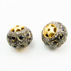 925 Sterling Silver Pave Diamond Bead with Sapphire Stone, Roundel Shape-19.00x17.00mm, Gold And Black Rhodium Plating. Sold By 1 Pcs, F-2142