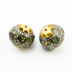 925 Sterling Silver Pave Diamond Bead with Emerald Stone, Roundel Shape-19.00x17.00mm, Gold And Black Rhodium Plating. Sold By 1 Pcs, F-2143