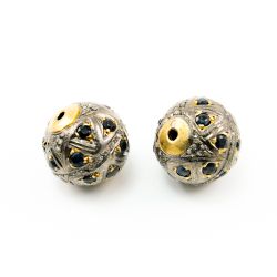 925 Sterling Silver Pave Diamond Bead with Sapphire Stone, Roundel Shape-16.50x17.00mm, Gold And Black Rhodium Plating. Sold By 1 Pcs, F-2144