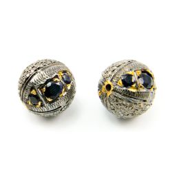 925 Sterling Silver Pave Diamond Bead with Sapphire Stone, Round Ball Shape-13.50mm, Gold And Black Rhodium Plating. Sold By 1 Pcs, F-2146