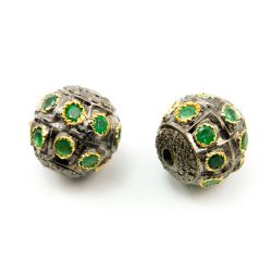 925 Sterling Silver Pave Diamond Bead with Emerald Stone, Roundel Shape-14.00x15.00mm, Gold And Black Rhodium Plating. Sold By 1 Pcs, F-2147