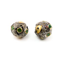 925 Sterling Silver Pave Diamond Bead with Emerald Stone, Roundel Shape-13.00x14.00mm, Gold And Black Rhodium Plating. Sold By 1 Pcs, F-2149