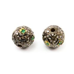 925 Sterling Silver Pave Diamond Bead with Emerald Stone, Roundel Shape-11.50x12.50mm, Gold And Black Rhodium Plating. Sold By 1 Pcs, F-2151