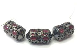 925 Sterling Silver Pave Diamond Bead with Ruby Stone, Drum Shape-23.00x13.00mm, Gold And Black Rhodium Plating. Sold By 1 Pcs, F-2308