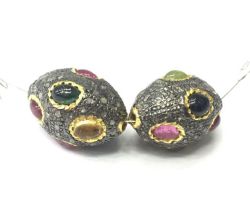 925 Sterling Silver Pave Diamond Bead with Multi Tourmaline Stone, Oval Shape-22.00x14.00mm, Gold And Black Rhodium Plating. Sold By 1 Pcs, F-2310