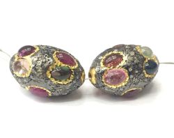 925 Sterling Silver Pave Diamond Bead with Multi Tourmaline Stone, Oval Shape-22.00x14.00mm, Gold And Black Rhodium Plating. Sold By 1 Pcs, F-2311