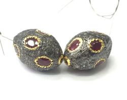 925 Sterling Silver Pave Diamond Bead with Ruby Stone, Oval Shape-21.50x14.00mm, Gold And Black Rhodium Plating. Sold By 1 Pcs, F-2312