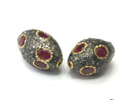 925 Sterling Silver Pave Diamond Bead with Ruby Stone, Oval Shape-21.50x13.50mm, Gold And Black Rhodium Plating. Sold By 1 Pcs, F-2313