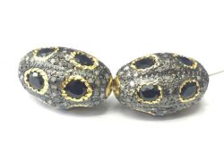925 Sterling Silver Pave Diamond Bead with Sapphire Stone, Oval Shape-22.00x14.00mm, Gold And Black Rhodium Plating. Sold By 1 Pcs, F-2319