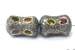 925 Sterling Silver Pave Diamond Bead with Multi Tourmaline Stone, Drum Shape-21.00x13.00mm, Gold And Black Rhodium Plating. Sold By 1 Pcs, F-2326