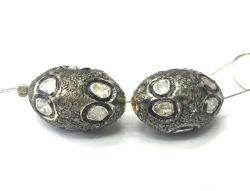 925 Sterling Silver Pave Diamond Bead with Polki Diamonds, Oval Shape-21.00x14.00mm, Black/White Rhodium Plating. Sold By 1 Pcs, F-2328