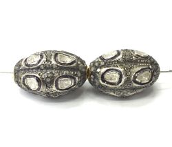 925 Sterling Silver Pave Diamond Bead with Polki Diamonds, Oval Shape-22.00x14.00mm, Black/White Rhodium Plating. Sold By 1 Pcs, F-2329