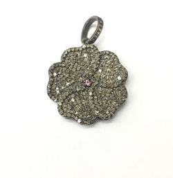 925 Sterling Silver Pave Diamond Pendant, Flower Shape-25.00mm, Black Rhodium Plating. Sold By 1 Pcs, F-2341