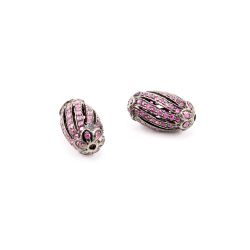 925 Sterling Silver Natural Ruby Stone In  Fancy Oval e Pave Diamond Bead.