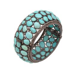 925 Sterling Silver Black Rhodium Plating Diamond Bangle Studded With Turquoise Stone - J-1065