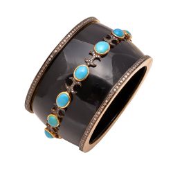 925 Sterling Silver Gold Black Rhodium Diamond Bangle In Bakelite, Turquoise Stone - J-1070