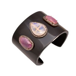 925 Sterling Silver Diamond Bangle Studded With Bakelite, Sapphire, Rainbow Moonstone  - J-1072