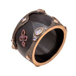925 Sterling Silver Bangle with Rose Cut Diamond Studded with Bakelite, Ruby, Rainbow Moonstone - J-1074