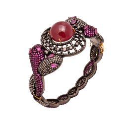 925 Sterling Silver  Diamond Bangle Studded With Ruby, Carnelian Stone - J-1076
