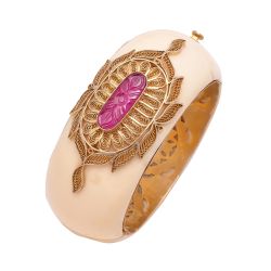 925 Sterling Silver Rose Cut Diamond Bangle With Bakelite & Ruby Stone - J-1082