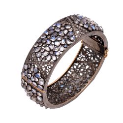 Silver Diamond Bangle Studded With Rainbow Moonstone & Natural Diamonds - J-1083