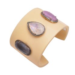 Beautiful 925 Sterling Silver Gold Black Rhodium Bangle Studded With Rose Cut Diamond & Bakelite and Sapphire Stone - J-1088