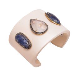 925 Sterling Silver Diamond Bangle  With Rose Cut Diamond & Bakelite, Sapphire Stone.  - J-1089