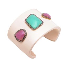 925 Sterling Silver Diamond  Bangle Studded With Bakelite, Sapphire  & Agate Stone. J-1099