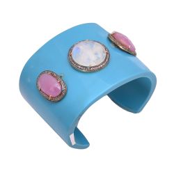Stunning 925 Sterling Silver Diamond Bangle In Bakelite, Multi Sapphire, Rainbow Moon Stone. J-1101