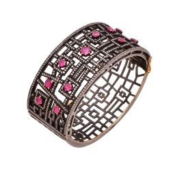 925 Sterling Silver Diamond Bangle With Rose Cut Diamond And Bakelite, Ruby Stone, J-1172