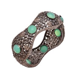 925 Sterling Silver Diamond Bangle -Rose Cut Diamond And Chrysoprase , J-1193