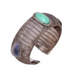  925 Sterling Silver Diamond Bangle Studded With  Rose Cut Diamond, Diamond, Multi Sapphire, And Agate -  J-1207