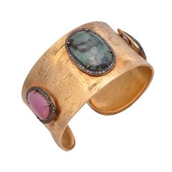 925 Sterling Silver Diamond Bangle Studded With Rose Cut Diamond And Emerald, Multi Sapphire - J-1229