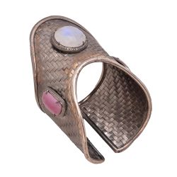  925 Sterling Silver Diamond Bangle With Rose Cut Diamond, And Rainbow Moon Stone, J-1242