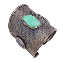 925 Sterling Silver Gold Plating  Diamond Bangle - Rose Cut Diamond, Chrysophrase And Emerald