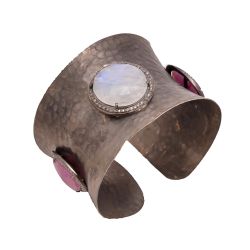 925 Sterling Silver Diamond Bangle Studded With Rose Cut Diamond, Chrysophrase And Emerald 
