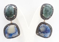 Victorian Jewelry, Silver Diamond Earring With Rose Cut Diamond And Emerald, Sapphire In 925 Sterling Silver Gold, Black Rhodium Plating. J-1328