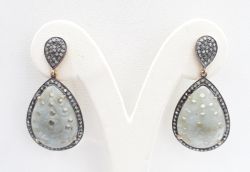 Victorian Jewelry, Silver Diamond Earring With Rose Cut Diamond And Sapphire Stone Studded In 925 Sterling Silver Gold, Black Rhodium Plating. J-1330