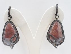 Victorian Jewelry, Silver Diamond Earring With Rose Cut Diamond And Sapphire Stone Studded  In 925 Sterling Silver Black Rhodium Plating. J-1332