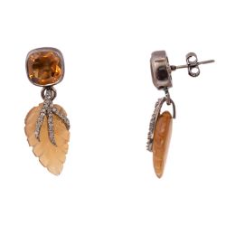 Victorian Jewelry, Silver Diamond Earring With Rose Cut Diamond And Citrine Quartz Stone Studded In 925 Sterling Silver, Black Rhodium Plating. J-1334