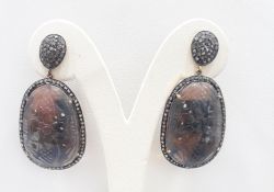 Fancy 925 Sterling Silver Diamond Earring With Rose Cut Diamond & Sapphire Stone -J-1367