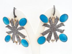 Beautiful 925 Sterling Silver Diamond Earring In Turquoise Stone - J-1380